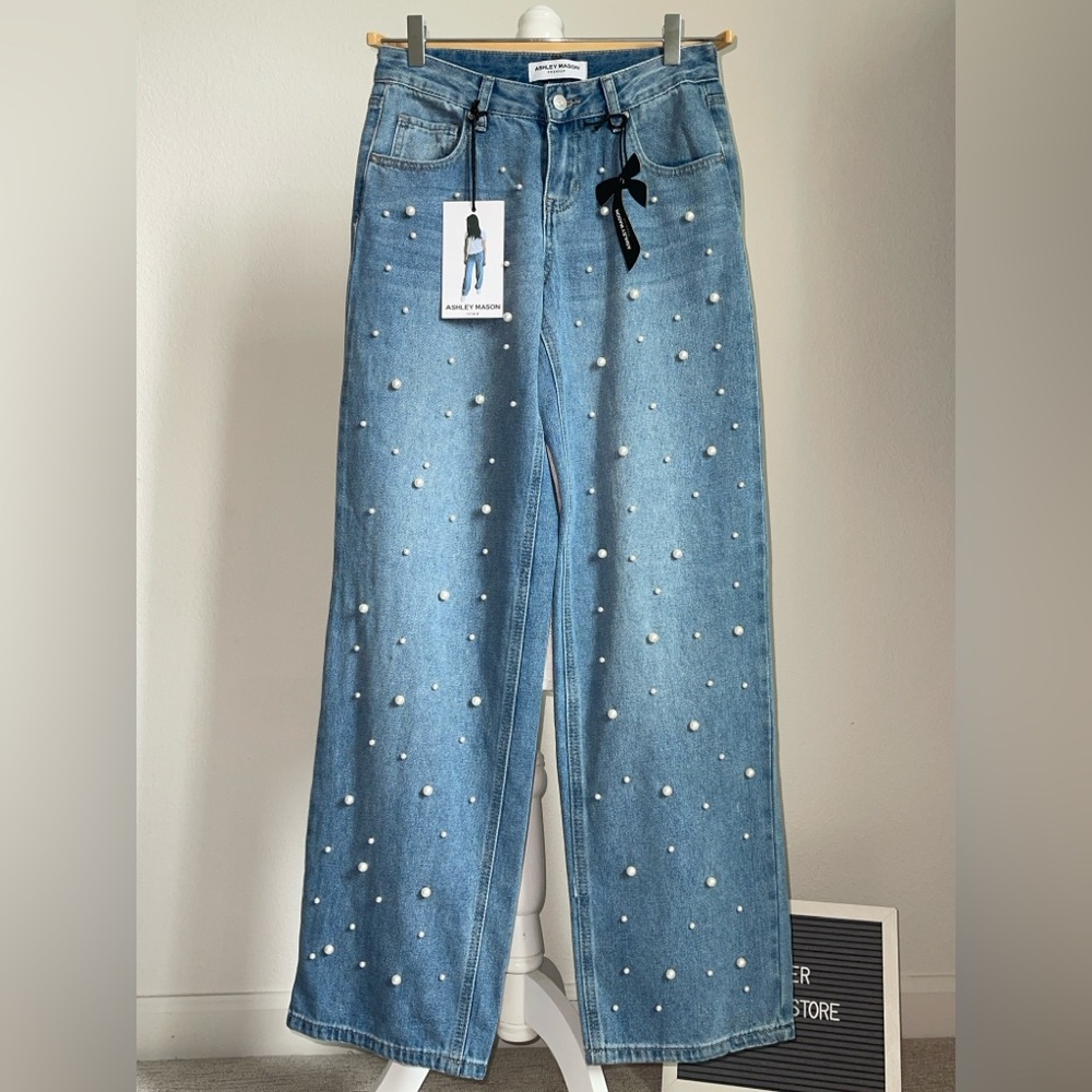 Ashley Mason Light Blue Pearl-Studded Straight Leg Jeans